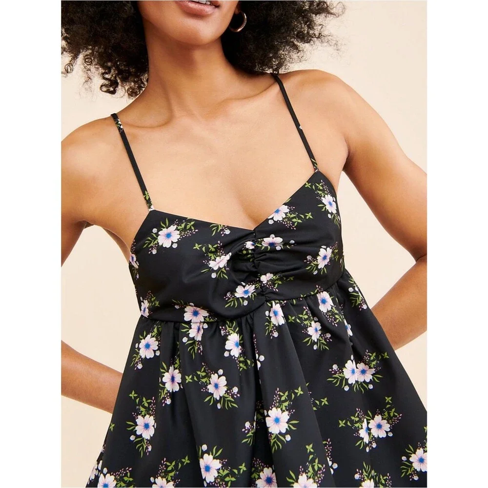 Free People In A Bubble Mini Dress Size XS Black Floral Bubble Hem Empire Waist